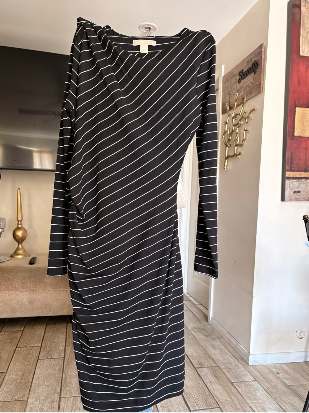 Banana Republic Black Dress with White Stripes Long Sleeve Midi below the knee M